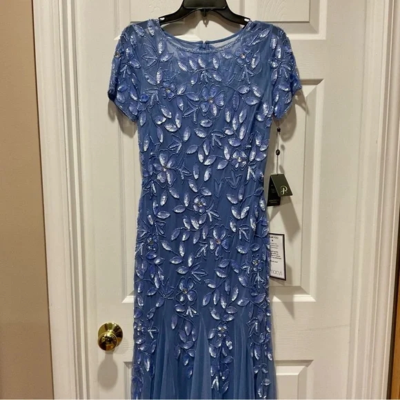 Beautiful Adrianna Papell Blue Dress with Floral Beaded & Sequins Embroidery - Picture 12 of 15